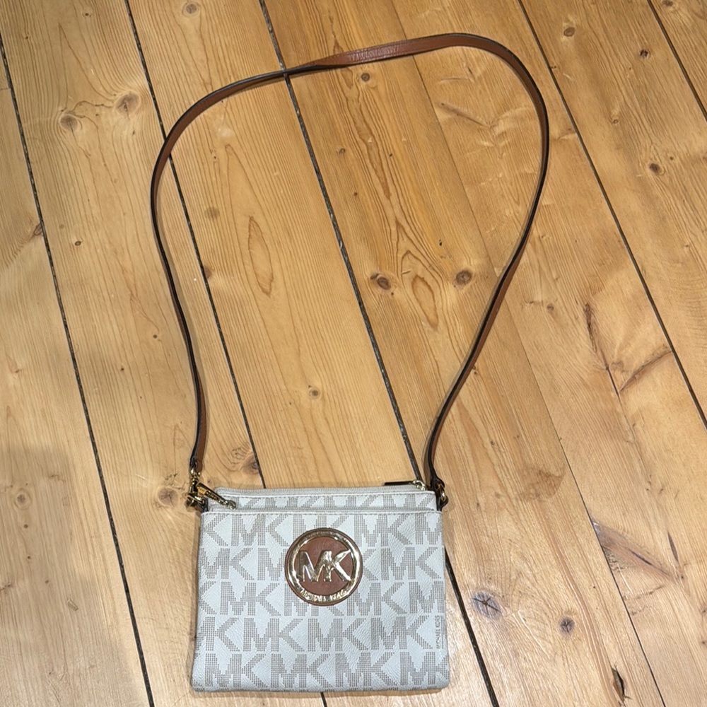 Michael Kors Cream and Brown Crossbody Bag with Signature Monogram - EUC